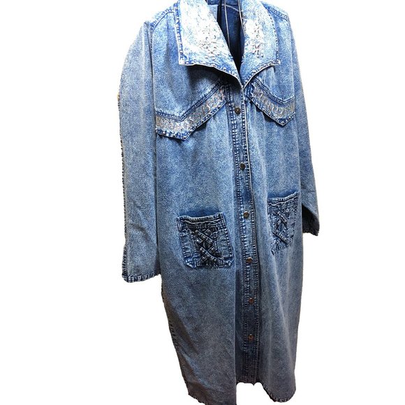 Ladies 1980's Denim Trench Coat with Embroidery and Studding Size Medium - Picture 1 of 8